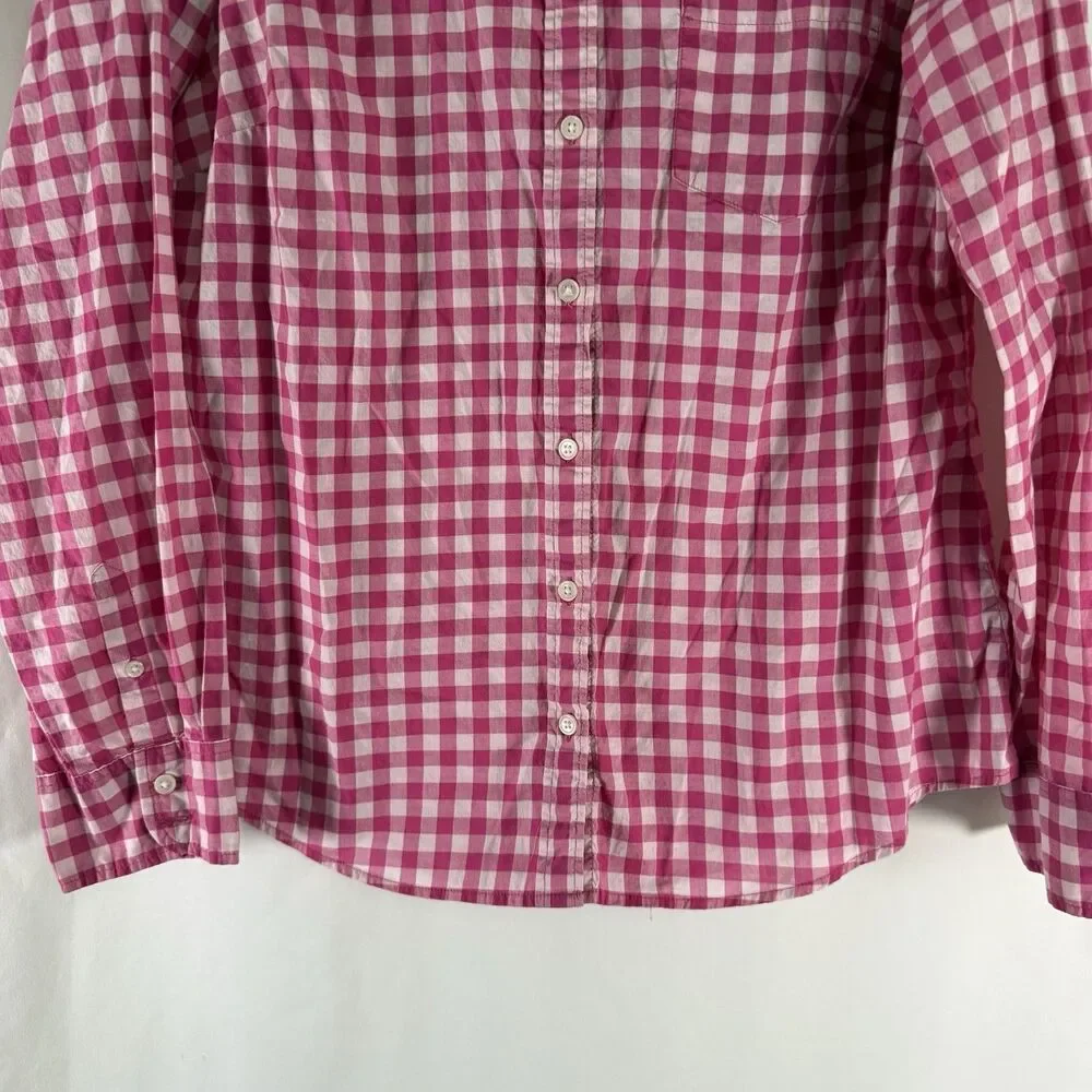 J Crew Button Down Shirt Women's Large Pink White Plaid Long Sleeve Collared Lig